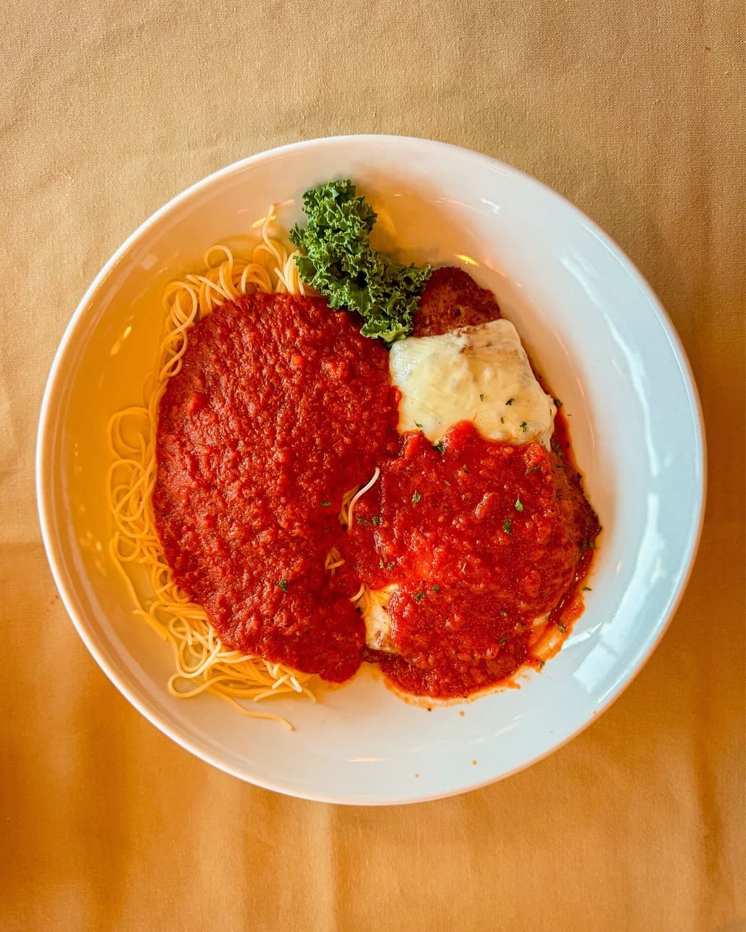 Chicken parmigiana with mozzarella and marinara over a bed of spaghetti